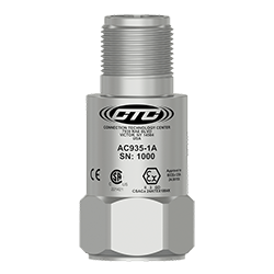 A stainless steel AC935 standard size class 1, division 2 / zone 2 top exit sensor engraved with the CTC line logo, product number, serial number, and hazardous area certification markings.